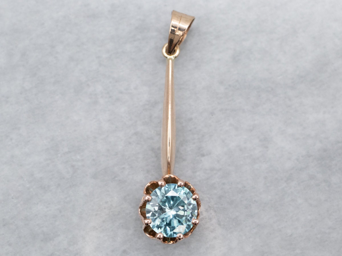 14k Gold Blue Zircon Solitaire Drop Pendant, Elongated Design