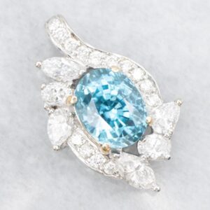 14K Gold Blue Zircon and Diamond Pendant, Bridal Jewelry