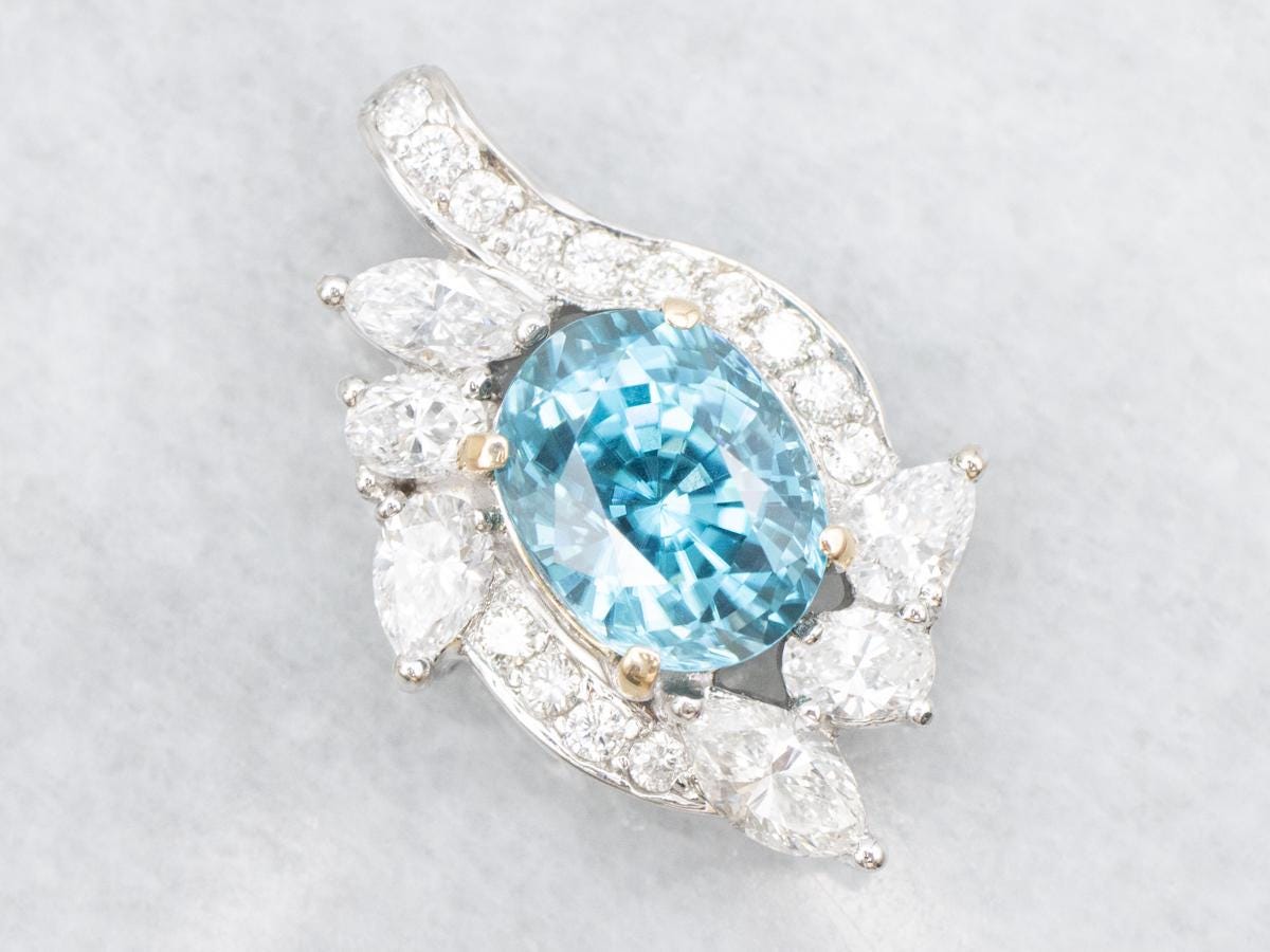 14k Gold Blue Zircon And Diamond Pendant, Bridal Jewelry