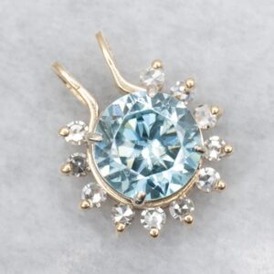 14K Gold Blue Zircon Pendant, Diamond Halo, Anniversary Gift