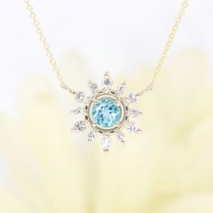 14k Gold Blue Zircon Snowflake Necklace: Diamond December Birthstone Pendant