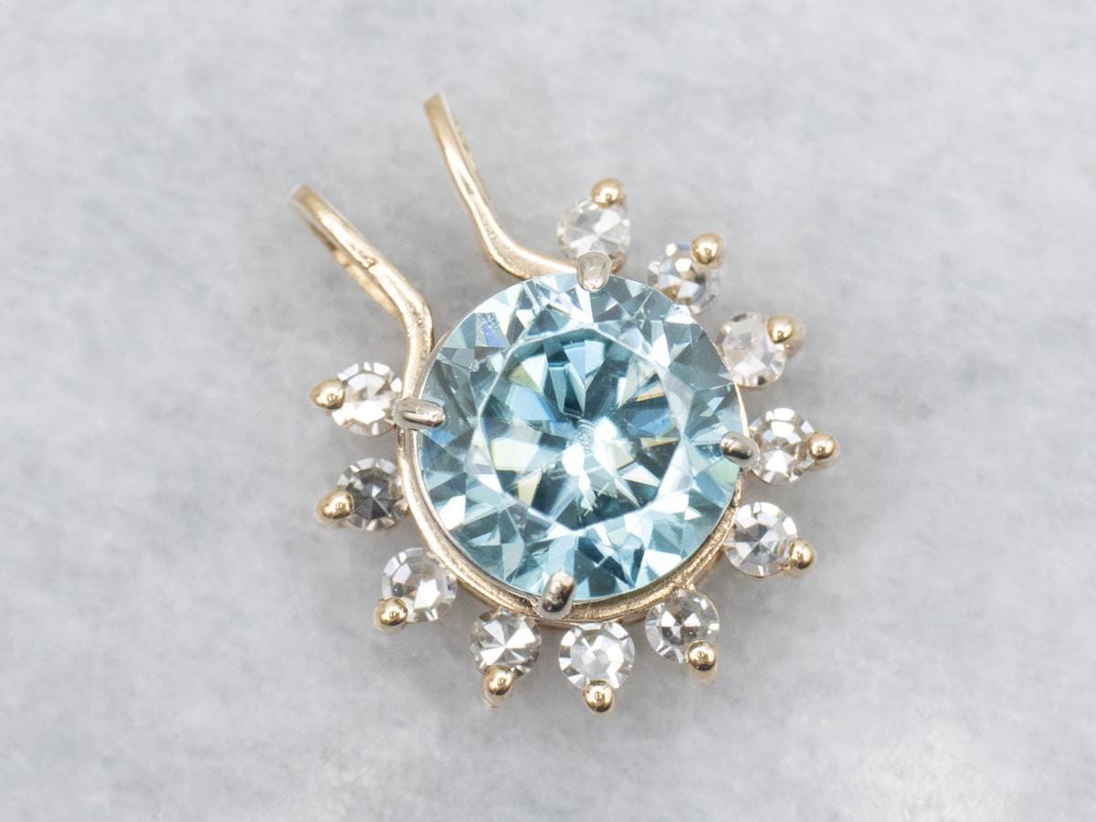 14k Gold Blue Zircon Pendant, Diamond Halo, Anniversary Gift