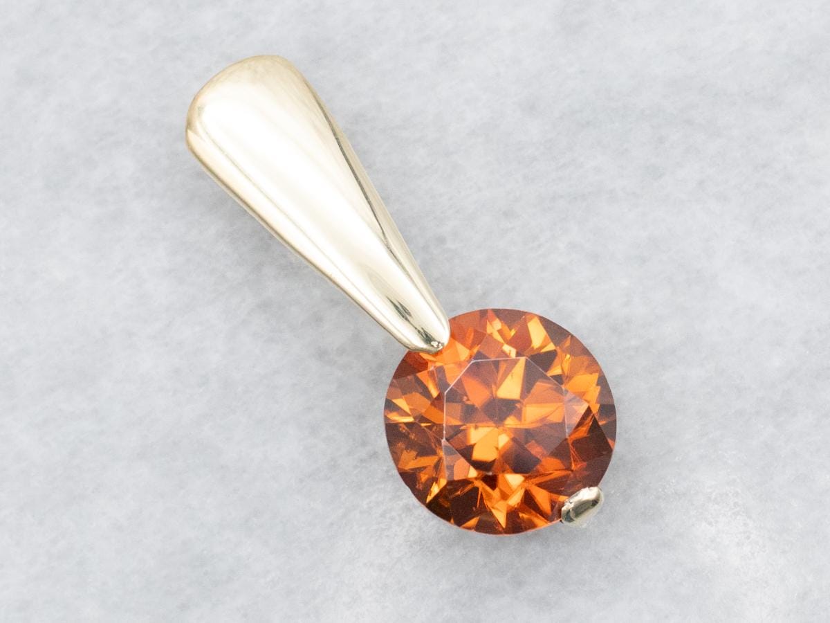 14k Gold Orange Zircon Pendant, Modernist Gemstone Jewelry
