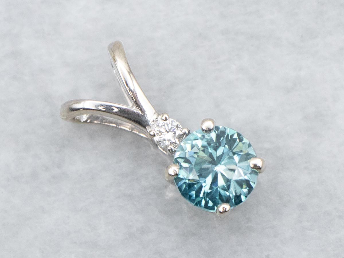 14k White Gold Blue Zircon And Diamond Pendant