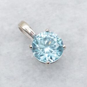 14K White Gold Blue Zircon Pendant, Solitaire Necklace