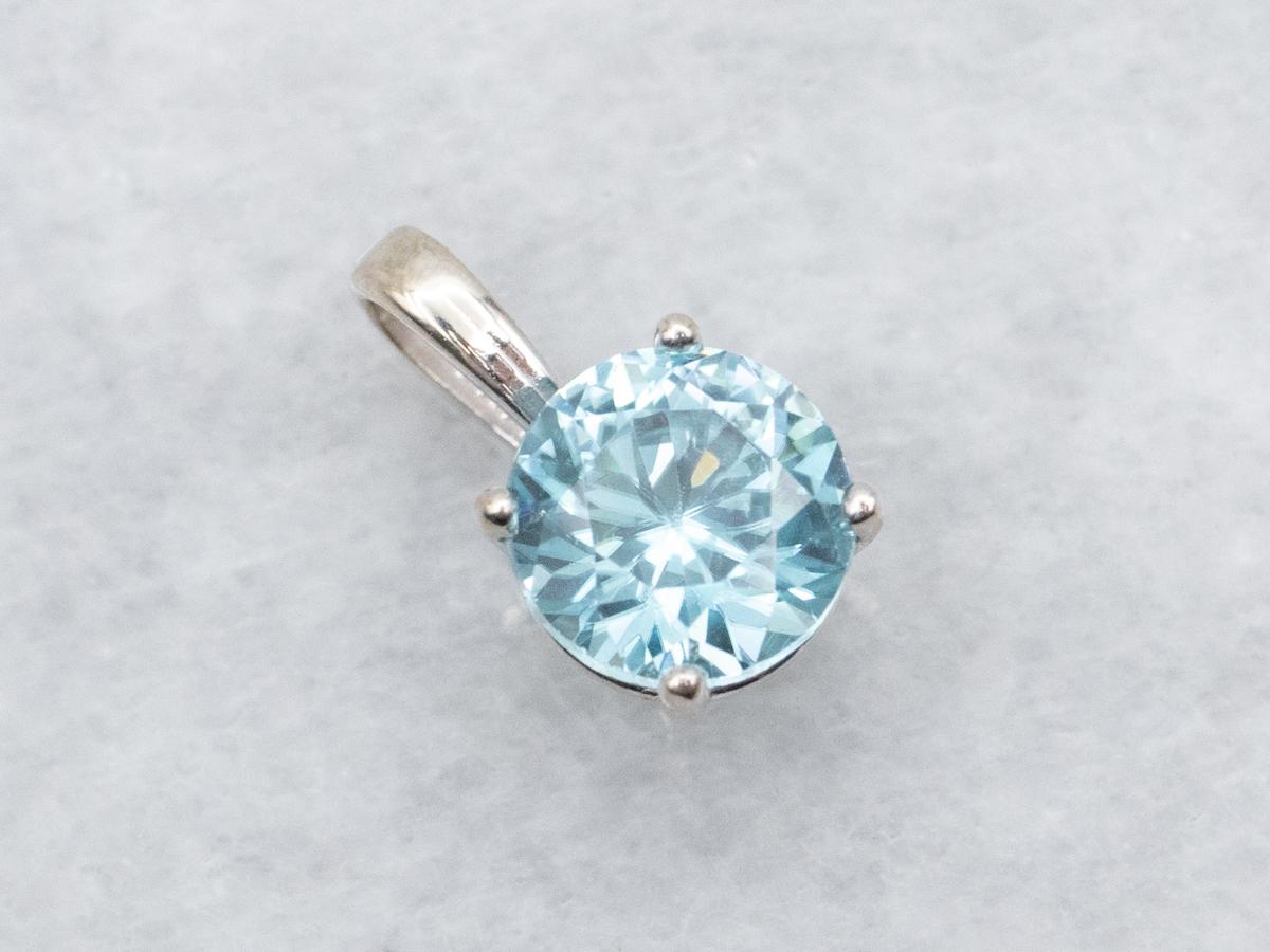 14k White Gold Blue Zircon Pendant, Solitaire Necklace