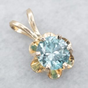 14K Yellow Gold Blue Zircon Buttercup Pendant, Solitaire