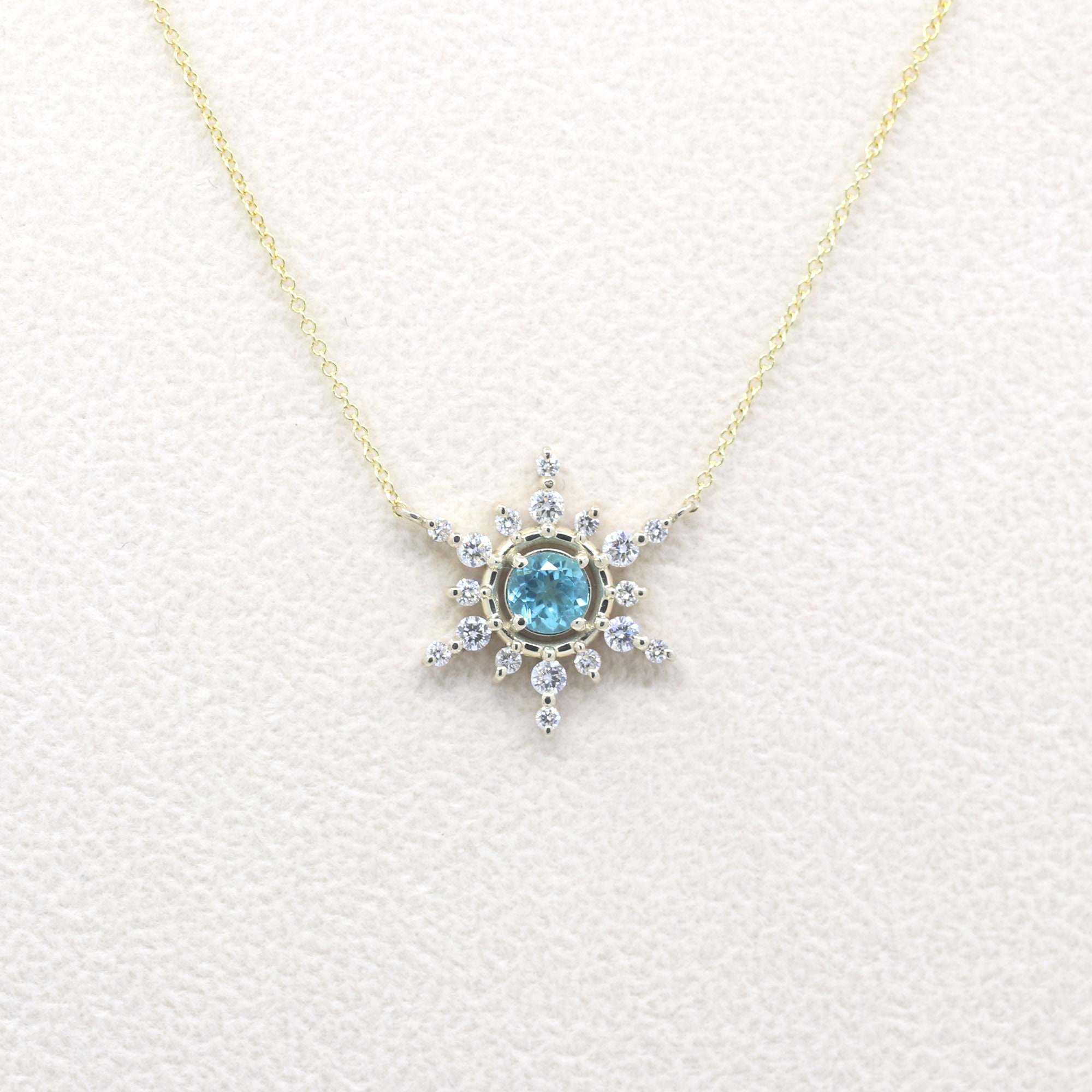 14k Yellow Gold Blue Zircon Diamond Snowflake Pendant Necklace
