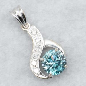 18K White Gold Blue Zircon & Diamond Pendant
