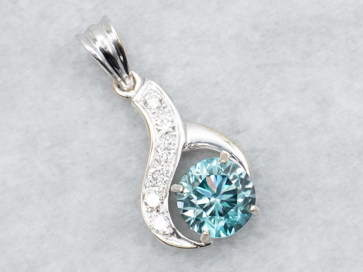 18k White Gold Blue Zircon & Diamond Pendant