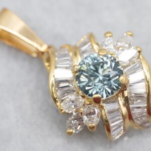 18K Yellow Gold Blue Zircon Diamond Pendant, Bridal Jewelry