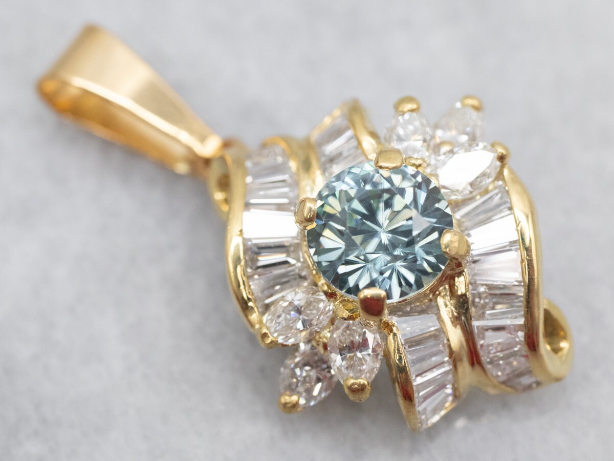 18k Yellow Gold Blue Zircon Diamond Pendant, Bridal Jewelry 18k Yellow Gold Blue Zircon Diamond Pendant, Bridal Jewelry