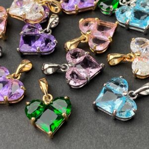 2pcs 14mm Black/red/white/blue/green/purple Cz Zircon Heart Pendant, Gold Plated Brass Heart Charms Pendant