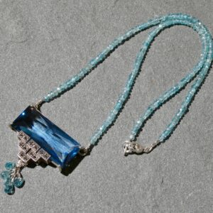 Art Deco Blue Zircon Sterling Pendant Necklace, Marcasite Accents