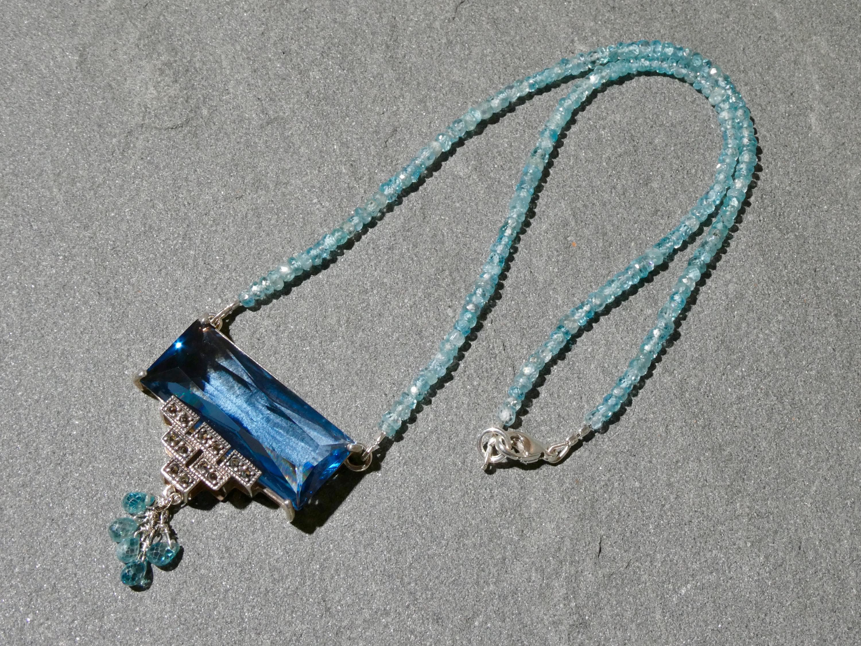 Art Deco Blue Zircon Sterling Pendant Necklace, Marcasite Accents Art Deco Blue Zircon Sterling Pendant Necklace, Marcasite Accents