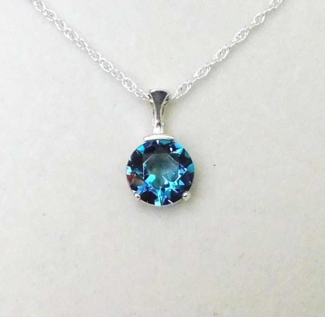Blue Zircon 10mm Pendant Necklace: Sterling Silver, December Birthstone