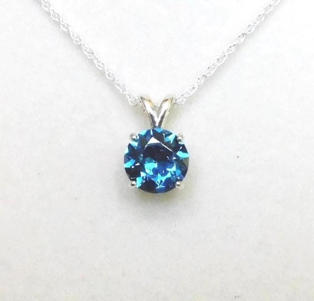 Blue Zircon 10mm Pendant Necklace: Sterling Silver, December Birthstone