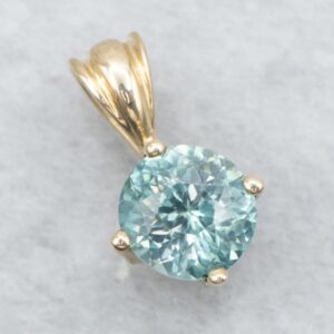 Blue Zircon 14K Gold Solitaire Pendant, December Birthstone