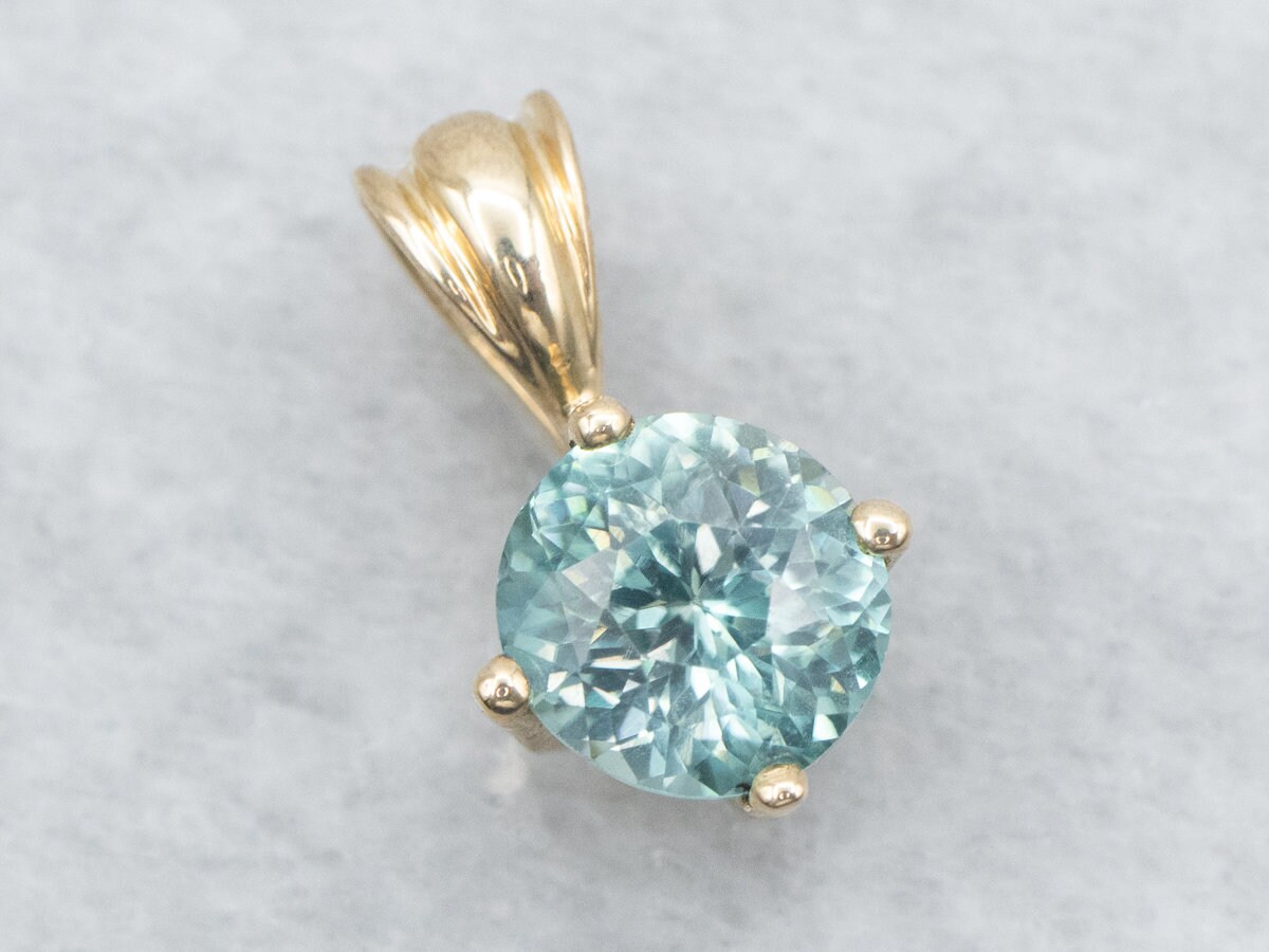 Blue Zircon 14k Gold Solitaire Pendant, December Birthstone Blue Zircon 14k Gold Solitaire Pendant, December Birthstone