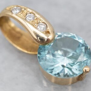 Blue Zircon Diamond Pendant, 14K Yellow Gold December Birthstone