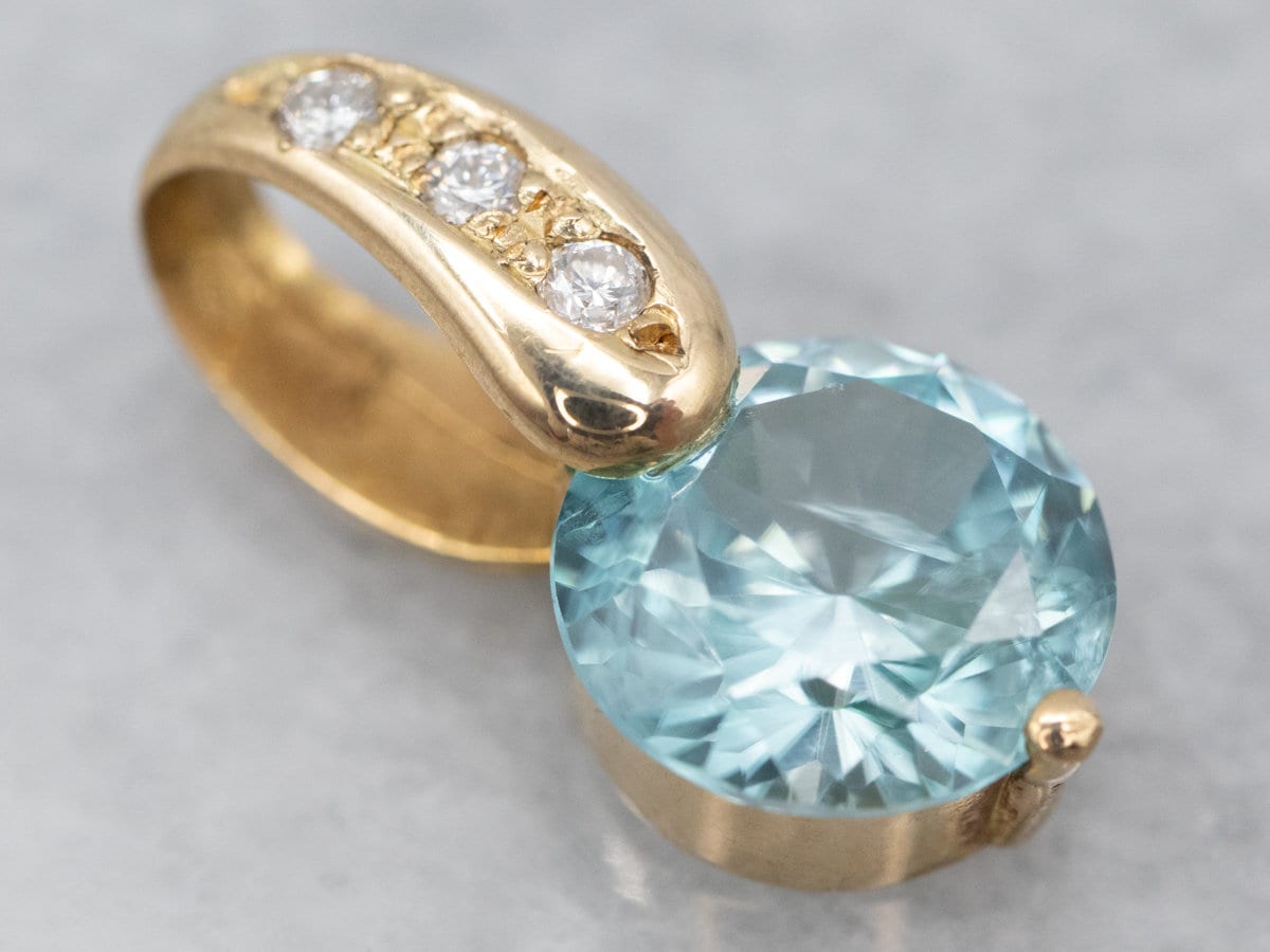 Blue Zircon Diamond Pendant, 14k Yellow Gold December Birthstone Blue Zircon Diamond Pendant, 14k Yellow Gold December Birthstone