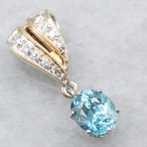 Blue Zircon Diamond Pendant, 14K Two-Tone Gold