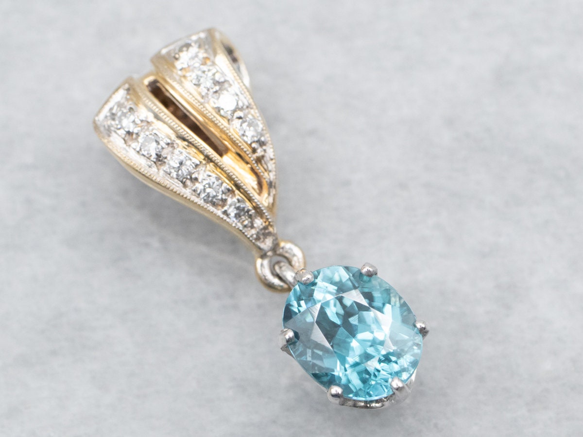 Blue Zircon Diamond Pendant, 14k Two-tone Gold Blue Zircon Diamond Pendant, 14k Two-tone Gold