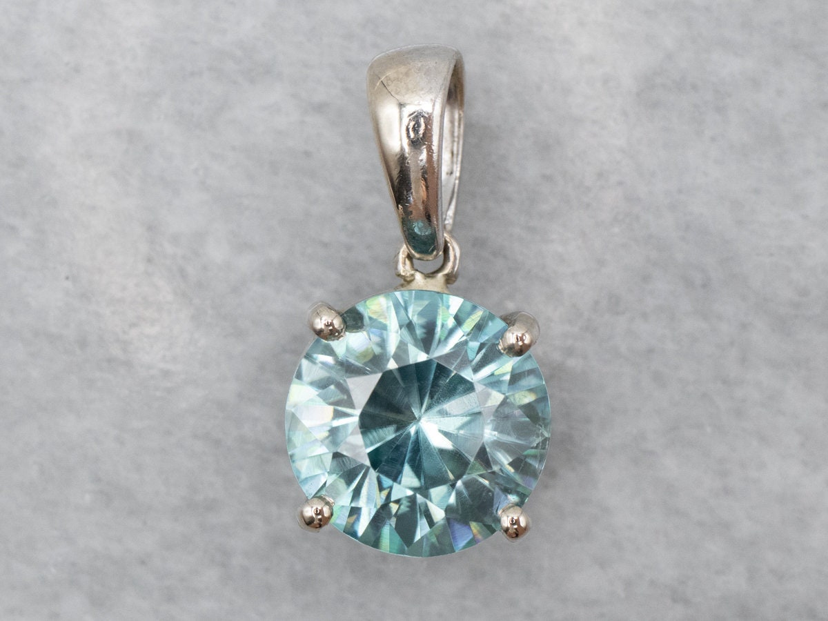 Blue Zircon Solitaire Pendant, 14k White Gold, December Birthstone Blue Zircon Solitaire Pendant, 14k White Gold, December Birthstone