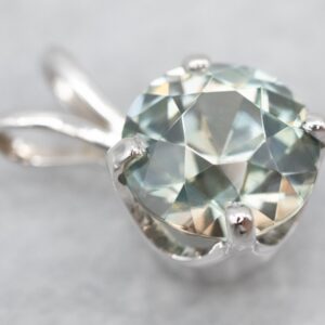 Blue Zircon Solitaire Pendant, 14K White Gold, December Birthstone