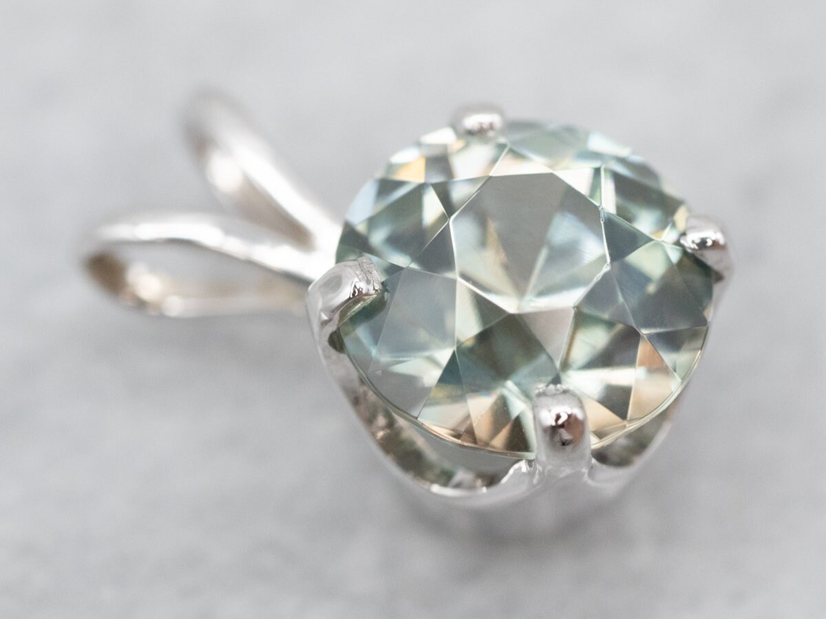 Blue Zircon Solitaire Pendant, 14k White Gold, December Birthstone