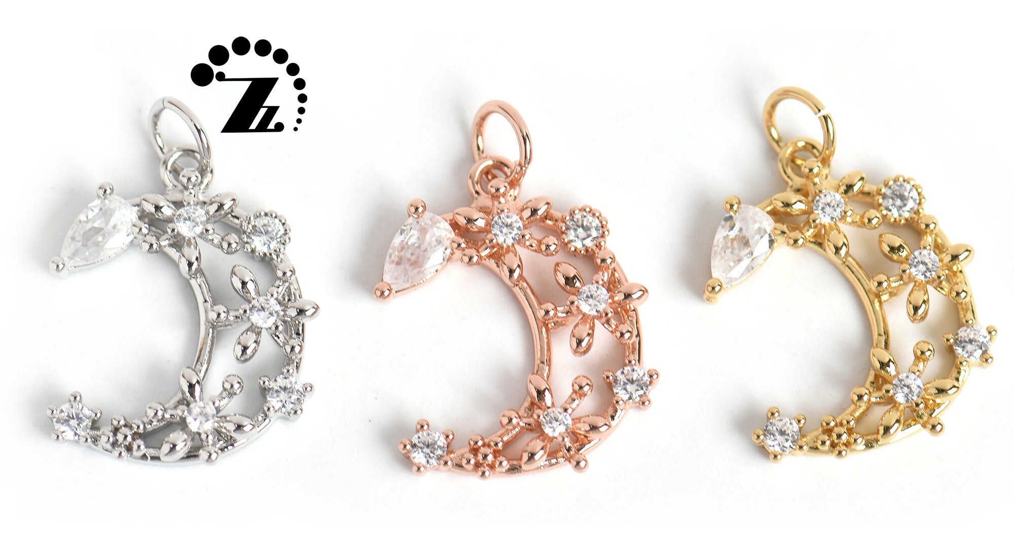 Brass Moon Charms,crescent Pendant,zircon Charms Pendant,gold Plated,findings,connector,charm,brass,copper,gold Moon,16x18mm