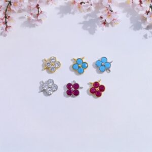 Colorful Four Leaf Pendant, Double Loop Charm, Inlaid Zircon Connector, S925 Sterling Silver Link, Diy Jewelry Accessory, Floral Material