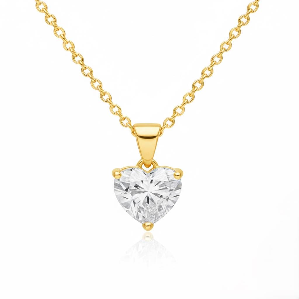 Heart Necklace: Zircon Solitaire Love Pendant - 925 Sterling Silver - Gift For Her - Bridal Jewelry