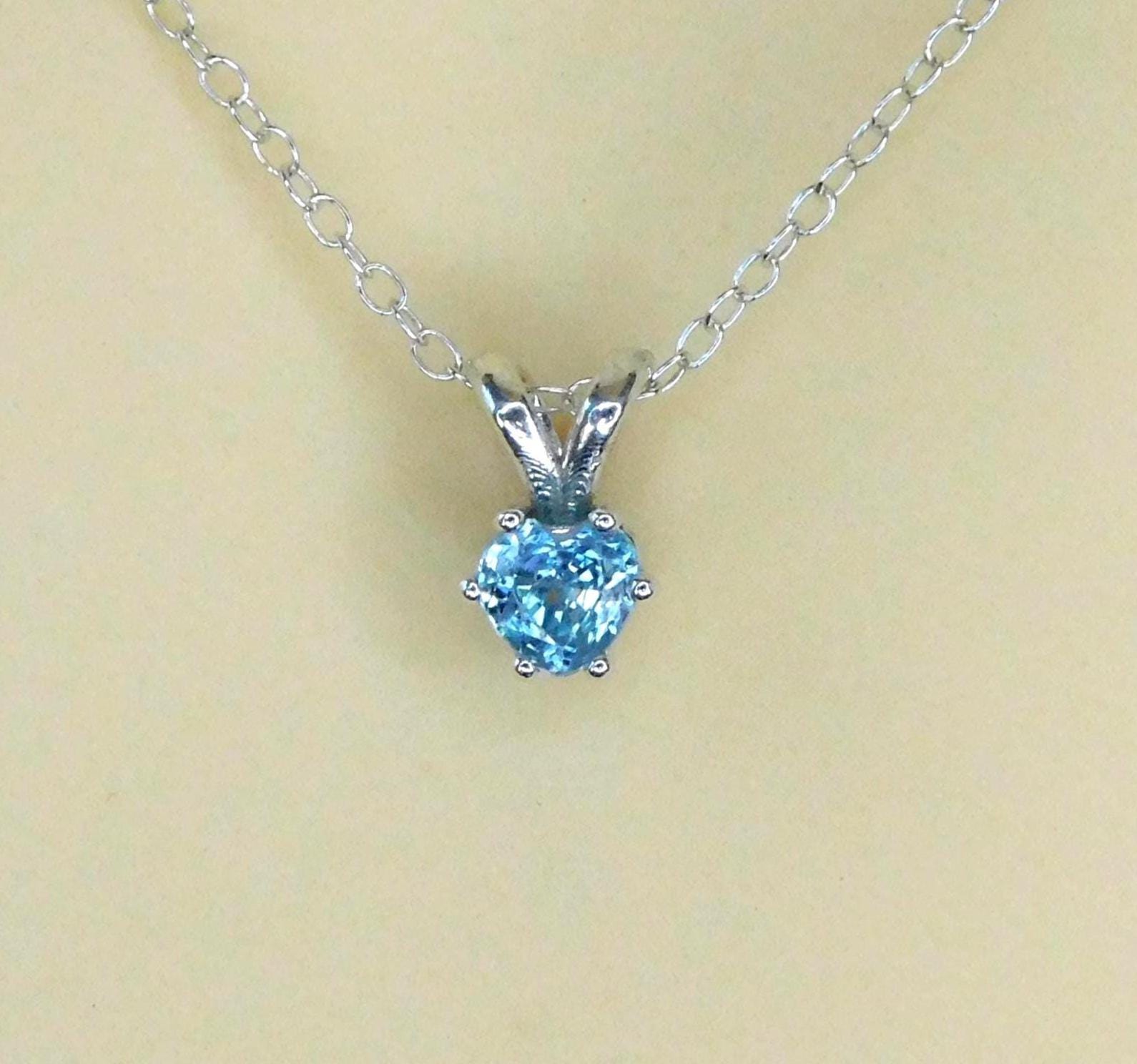 New Natural Blue Zircon 5mm Heart Pendant: Sterling Silver, December Birthstone