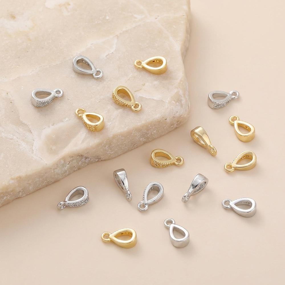 Pinch Bail Connectors With Zircon Gold Plated Brass 14k 18k Tone Platinum Finish For Pendant Necklace Design, Diy Findings, 4pcs Pinch Bail Connectors With Zircon Gold Plated Brass 14k 18k Tone Platinum Finish For Pendant Necklace Design, Diy Findings, 4pcs