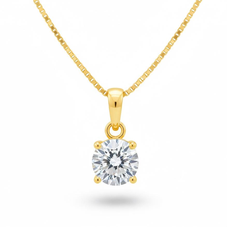 Round Cut Zircon Pendant: 925 Sterling Silver, Solitaire Necklace - Silver Box Chain Included