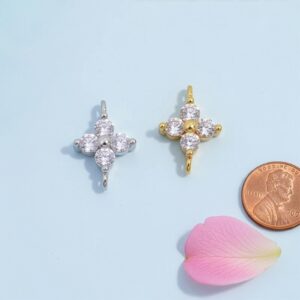 S925 Sterling Silver Zircon Four-leaf Connector Charm, Double Hole Flower Pendant, Platinum Diy Jewelry Making Findings 9.5x6.2mm