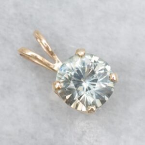 Teal Zircon Solitaire Pendant, 14K Yellow Gold, Round Stone