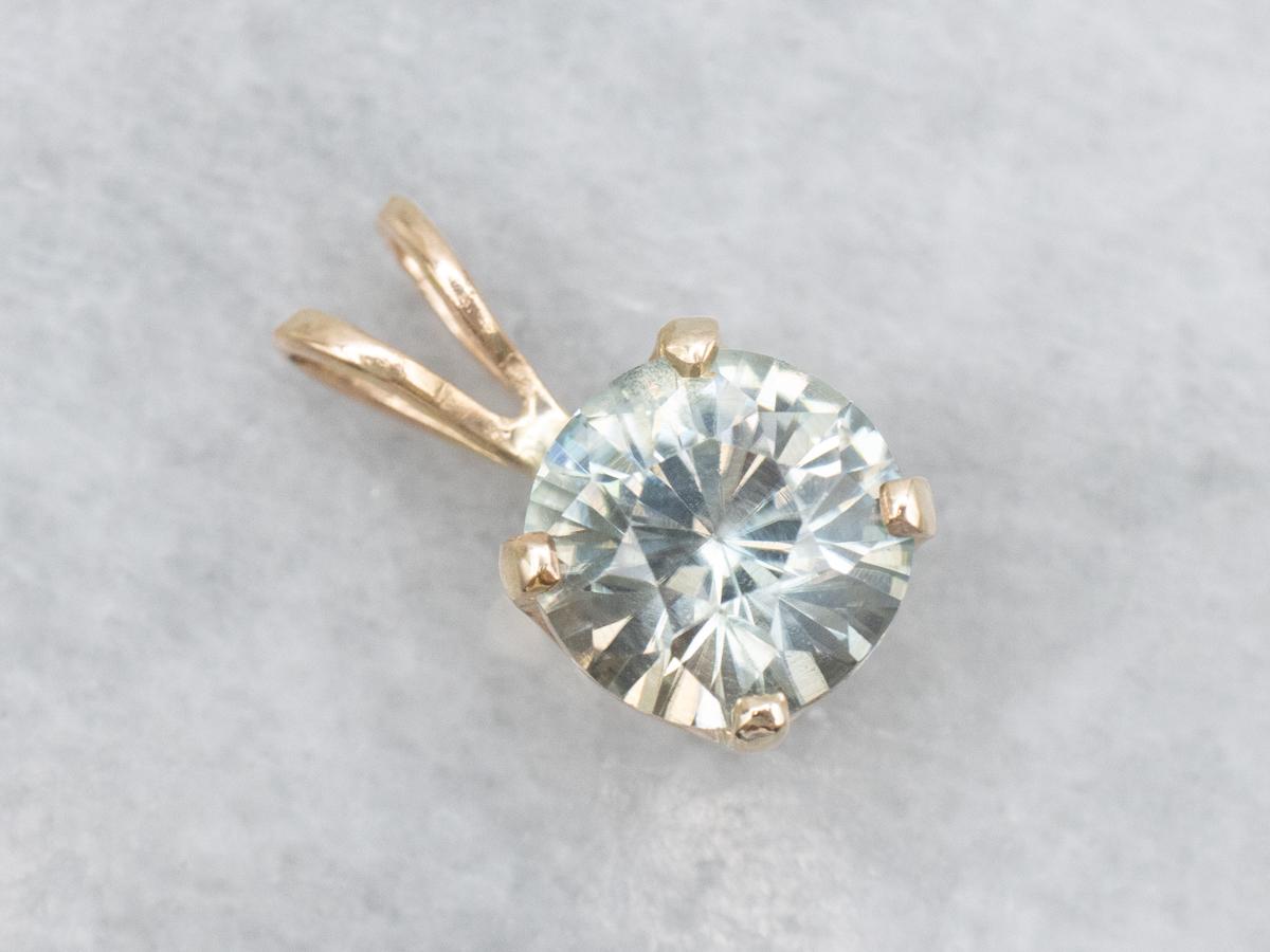 Teal Zircon Solitaire Pendant, 14k Yellow Gold, Round Stone