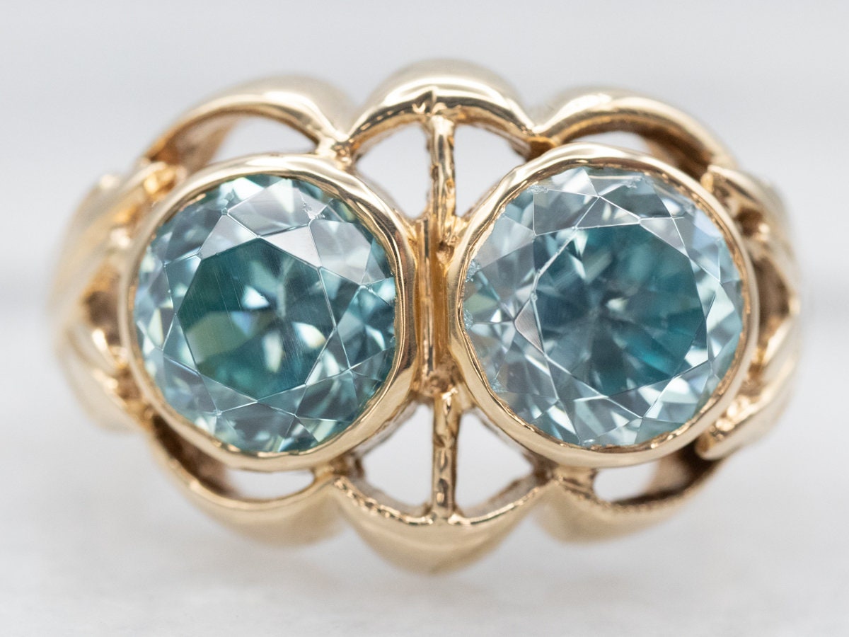 10k Yellow Gold Two Stone Blue Zircon Statement Ring