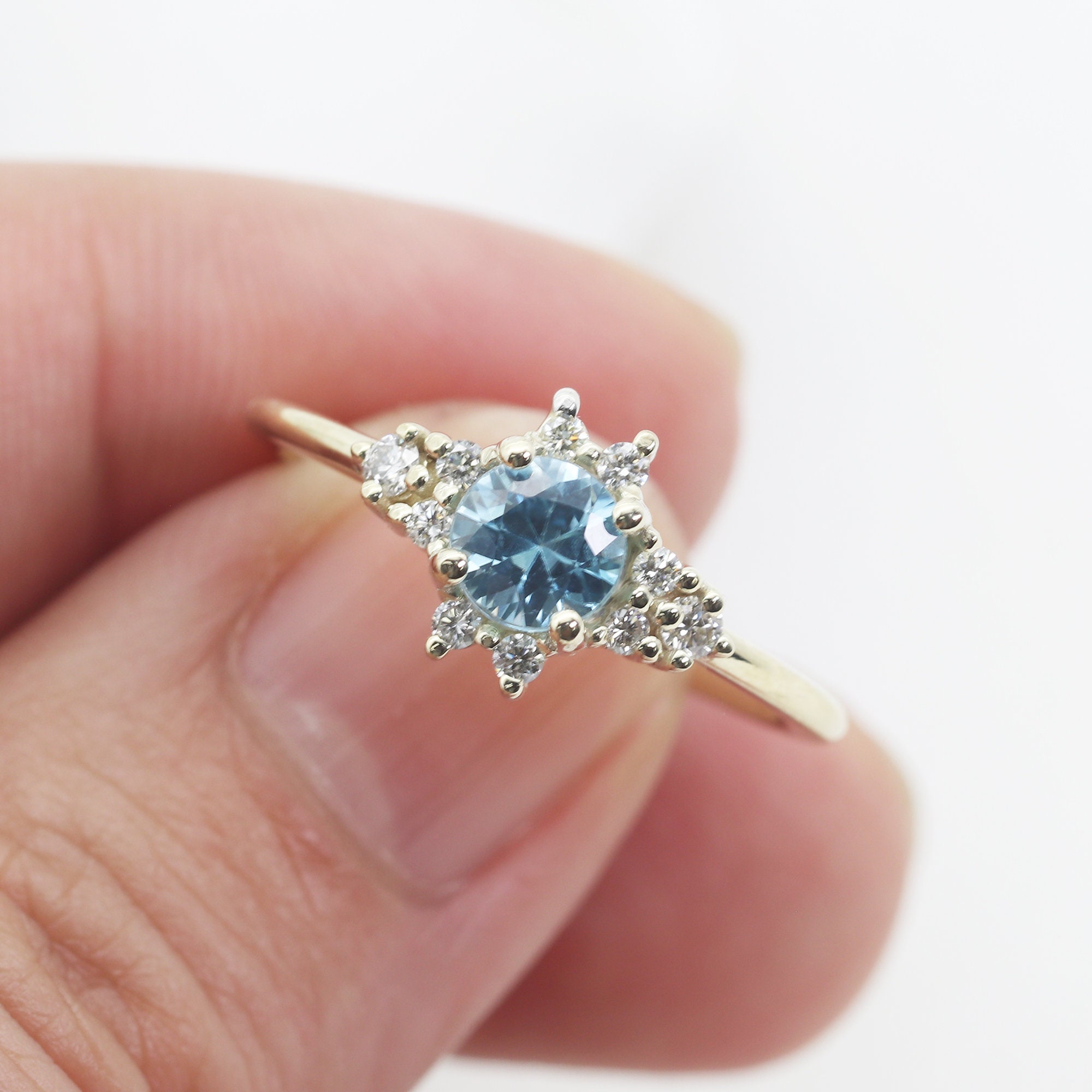 14k Blue Zircon Diamond Flower Ring: December Birthstone