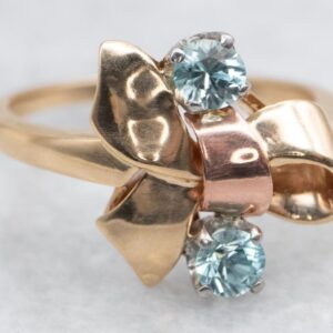 14k Gold Blue Zircon Ribbon Ring, Two-tone Statement Ring 14k Gold Blue Zircon Ribbon Ring, Two-tone Statement Ring