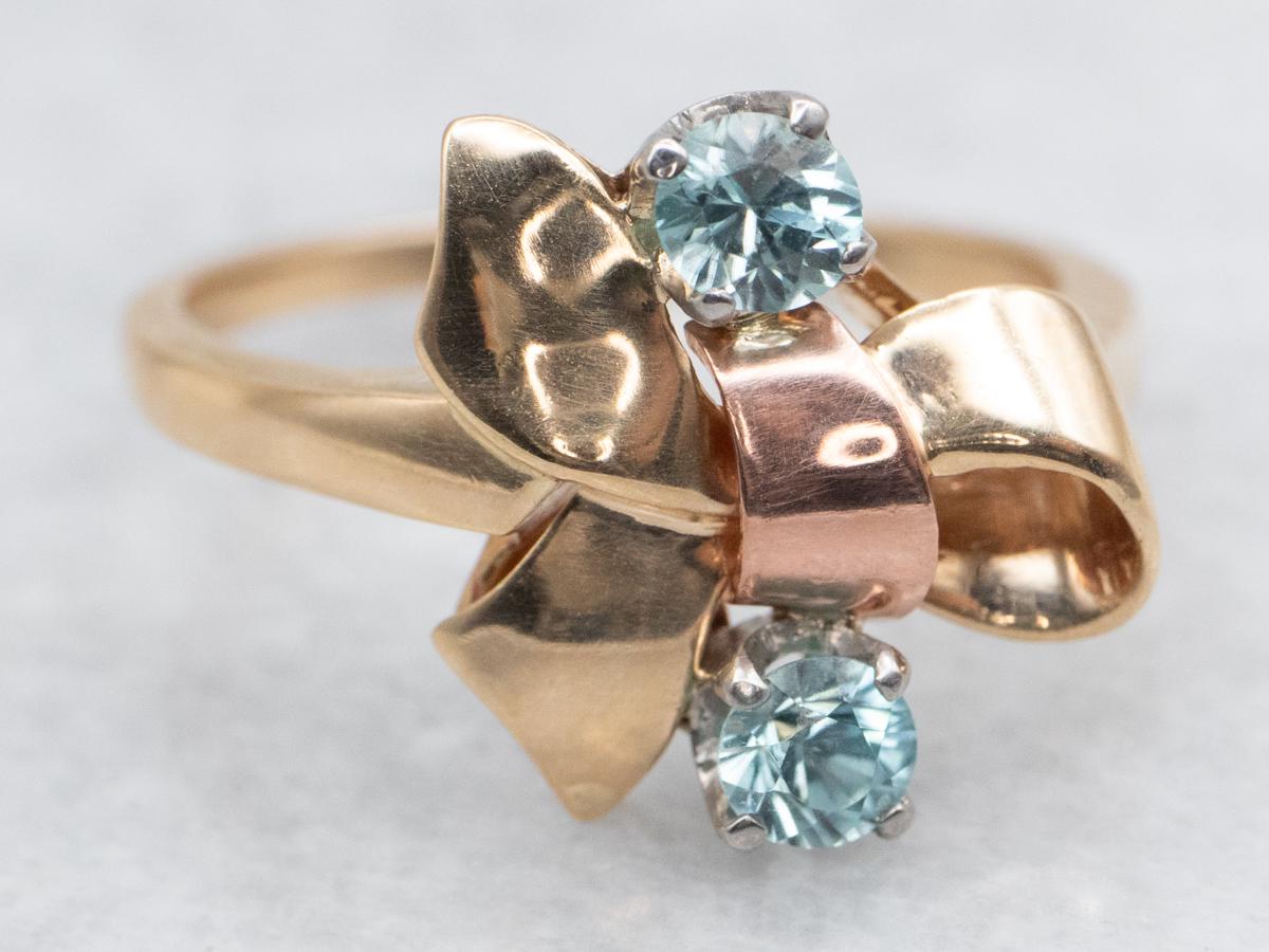 14k Gold Blue Zircon Ribbon Ring, Two-tone Statement Ring