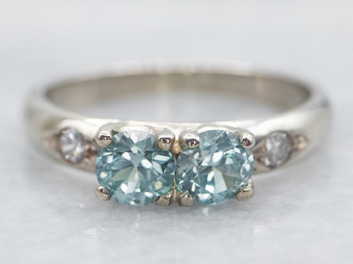 14k White Gold Blue Zircon Ring With Diamond Accents