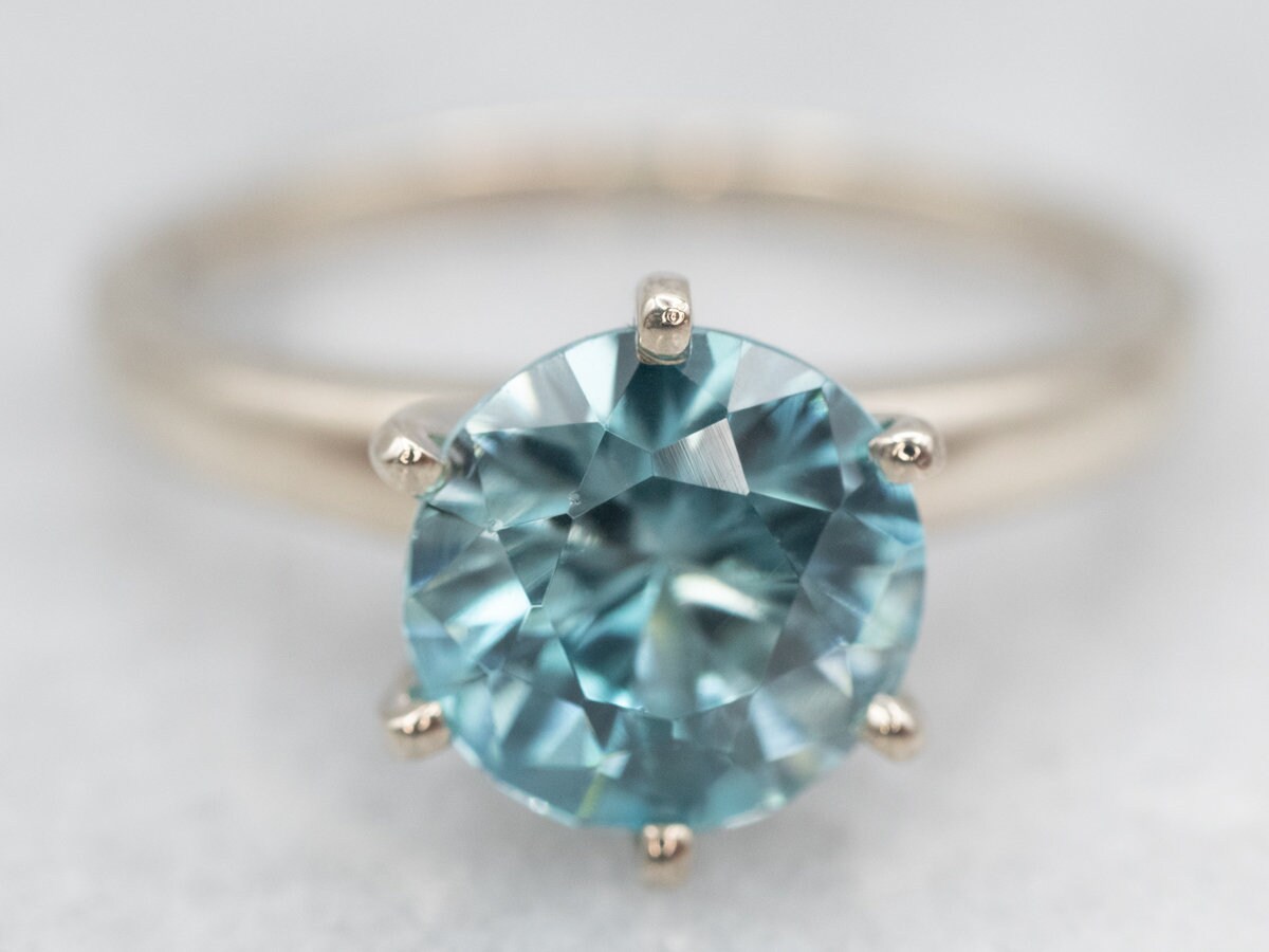 14k White Gold Blue Zircon Solitaire Ring