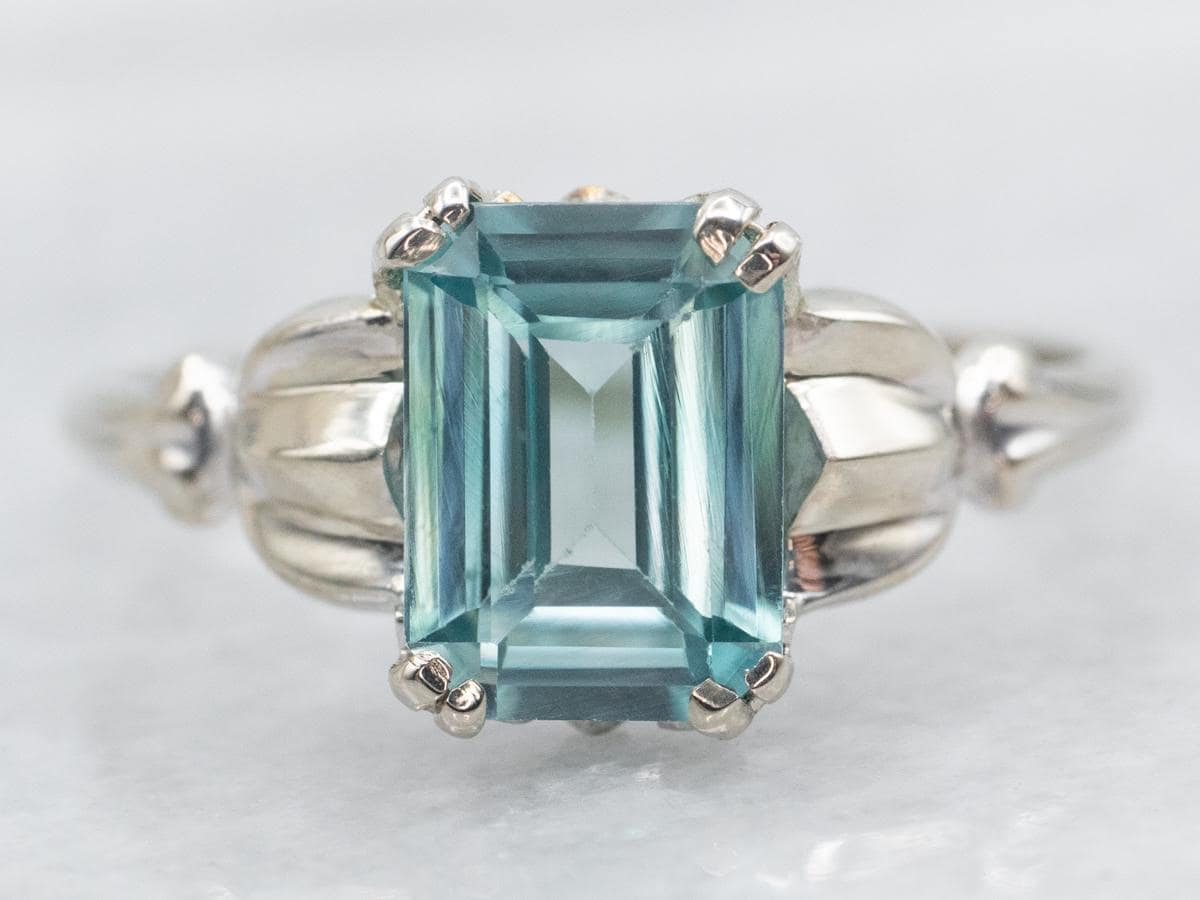 14k White Gold Blue Zircon Emerald Cut Solitaire Ring