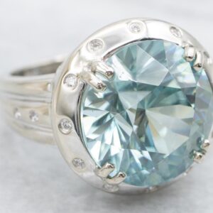 14K White Gold Blue Zircon Diamond Ring, 15.80 Carats