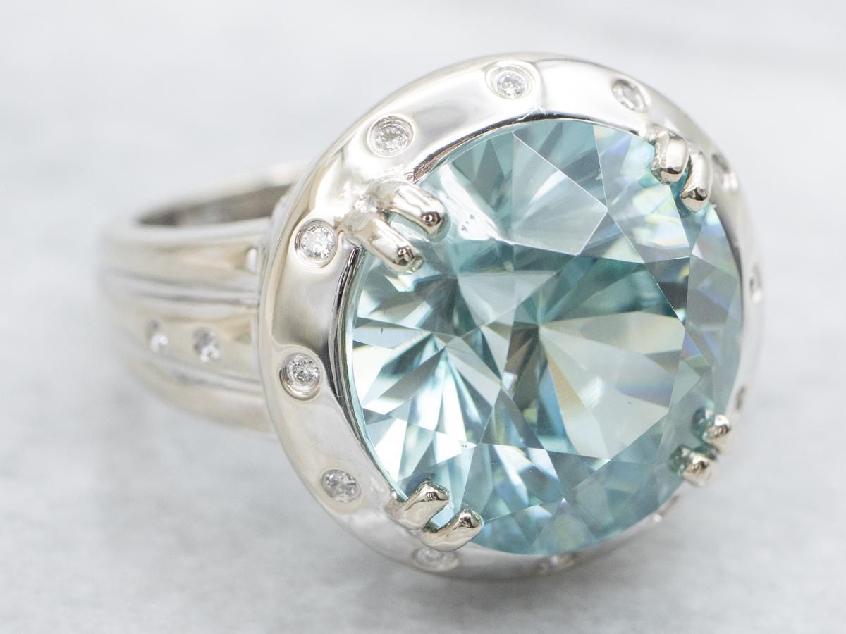 14k White Gold Blue Zircon Diamond Ring, 15.80 Carats