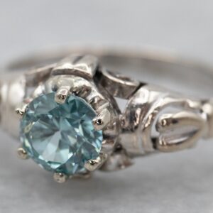 14K White Gold Filigree Blue Zircon Solitaire Ring