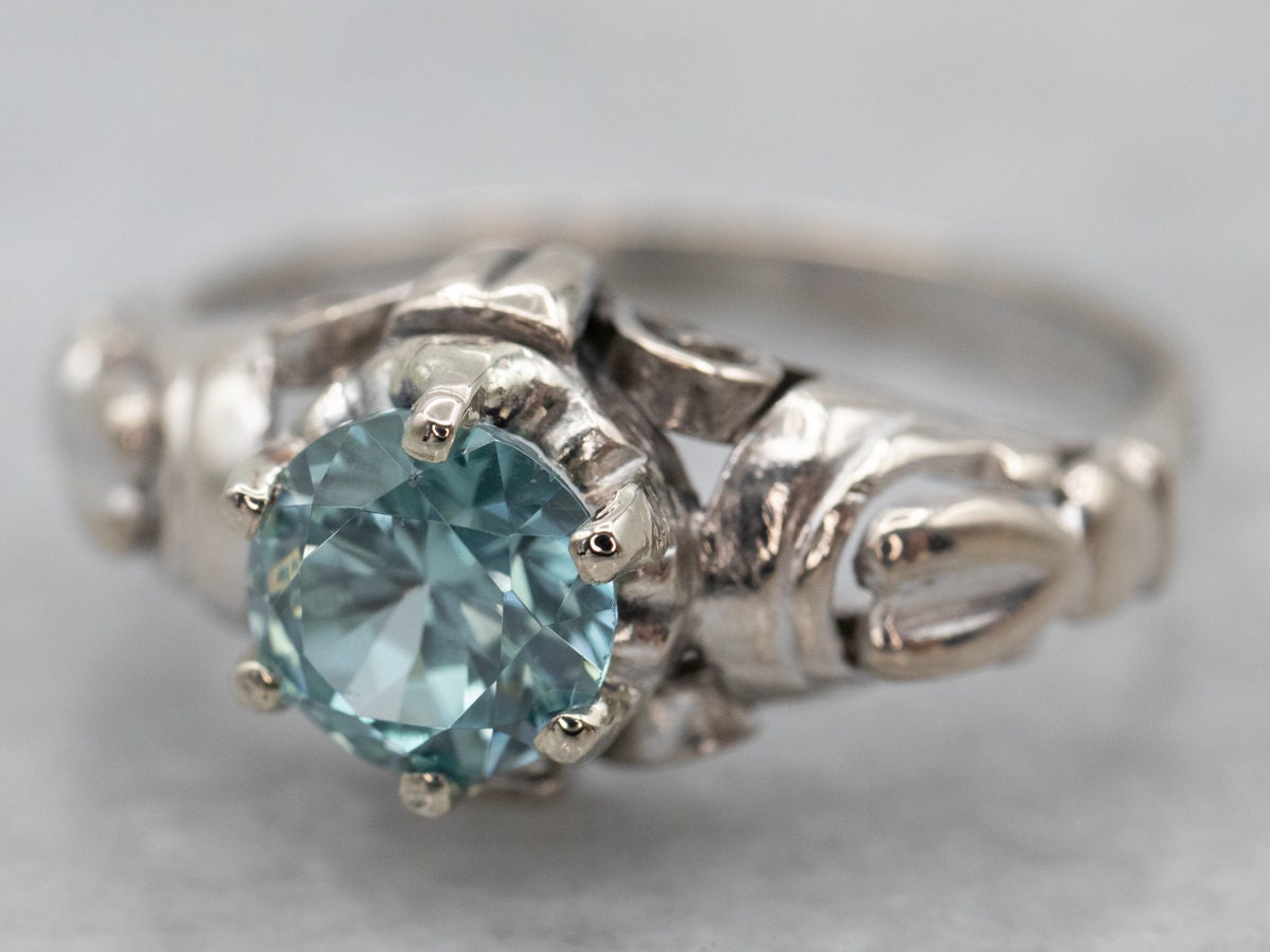 14k White Gold Filigree Blue Zircon Solitaire Ring